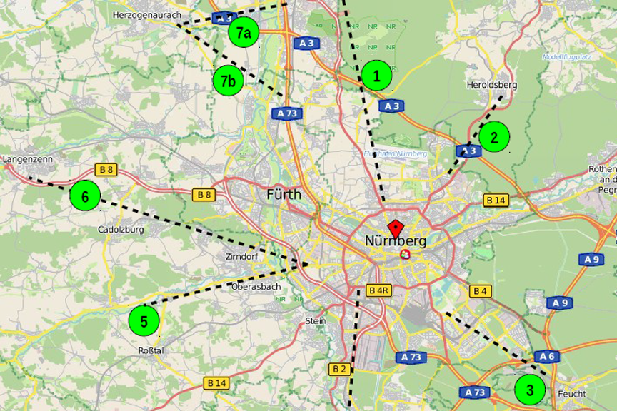 Radschnellverbindungen in der Metropolregion Karte mit der Stadt Nürnberg im Zentrum. Geplante Radschnellverbindungen in die benachbarten Städte sind mit strichpunktierten Strahlen angedeutet. Die Radschnellverbindungen sind von 1 bis 7 nummeriert.